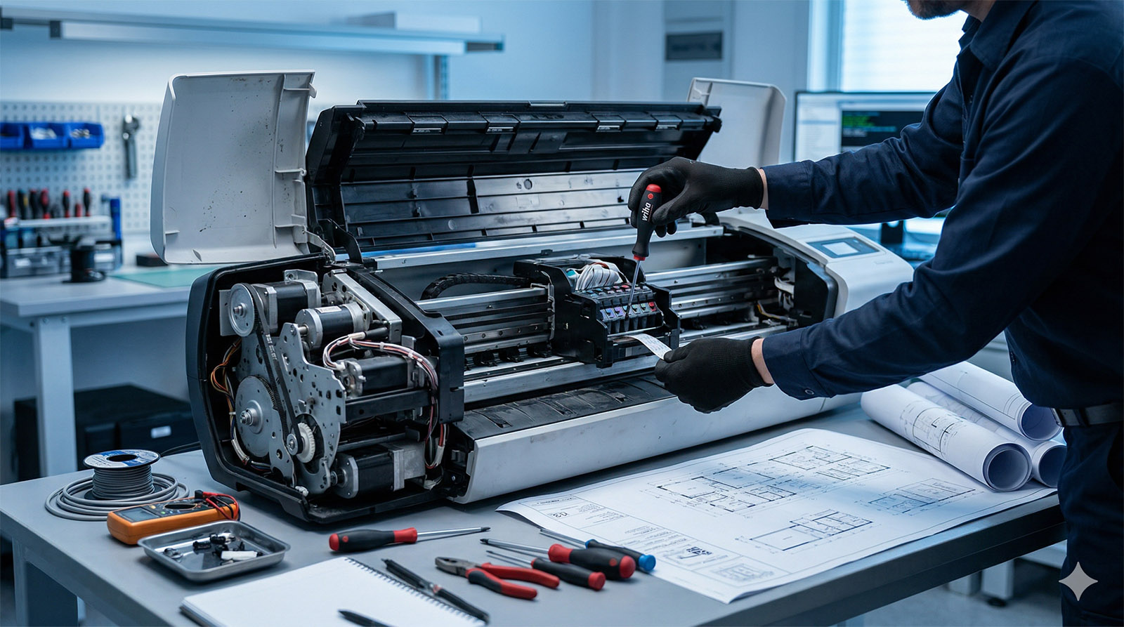 Técnico a reparar equipamento de impressão de grande formato